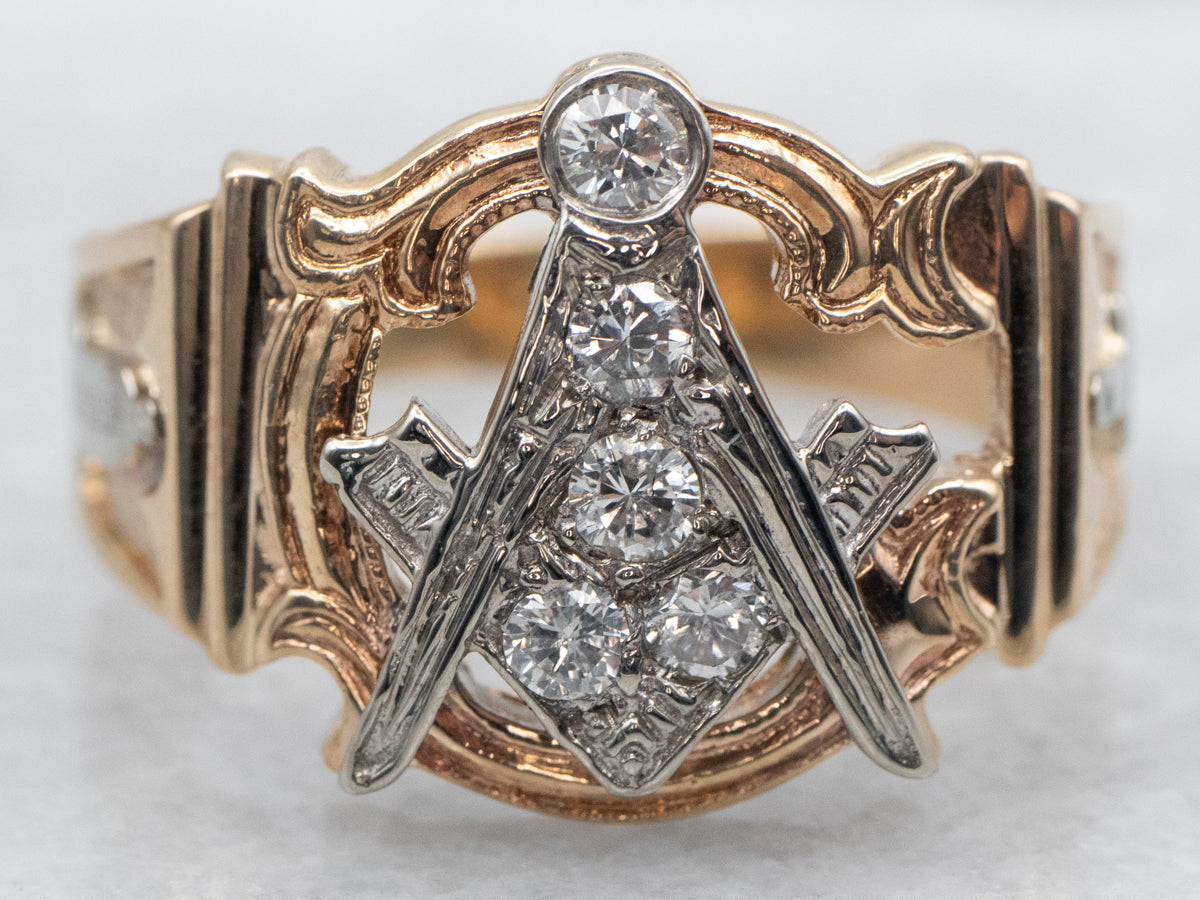 Vintage Two Tone Gold Men's Masonic Diamond Ring