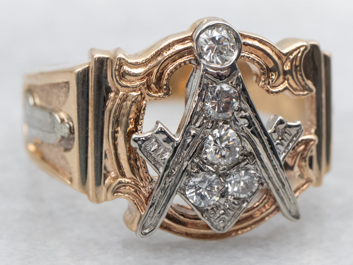 Vintage Two Tone Gold Men&#39;s Masonic Diamond Ring