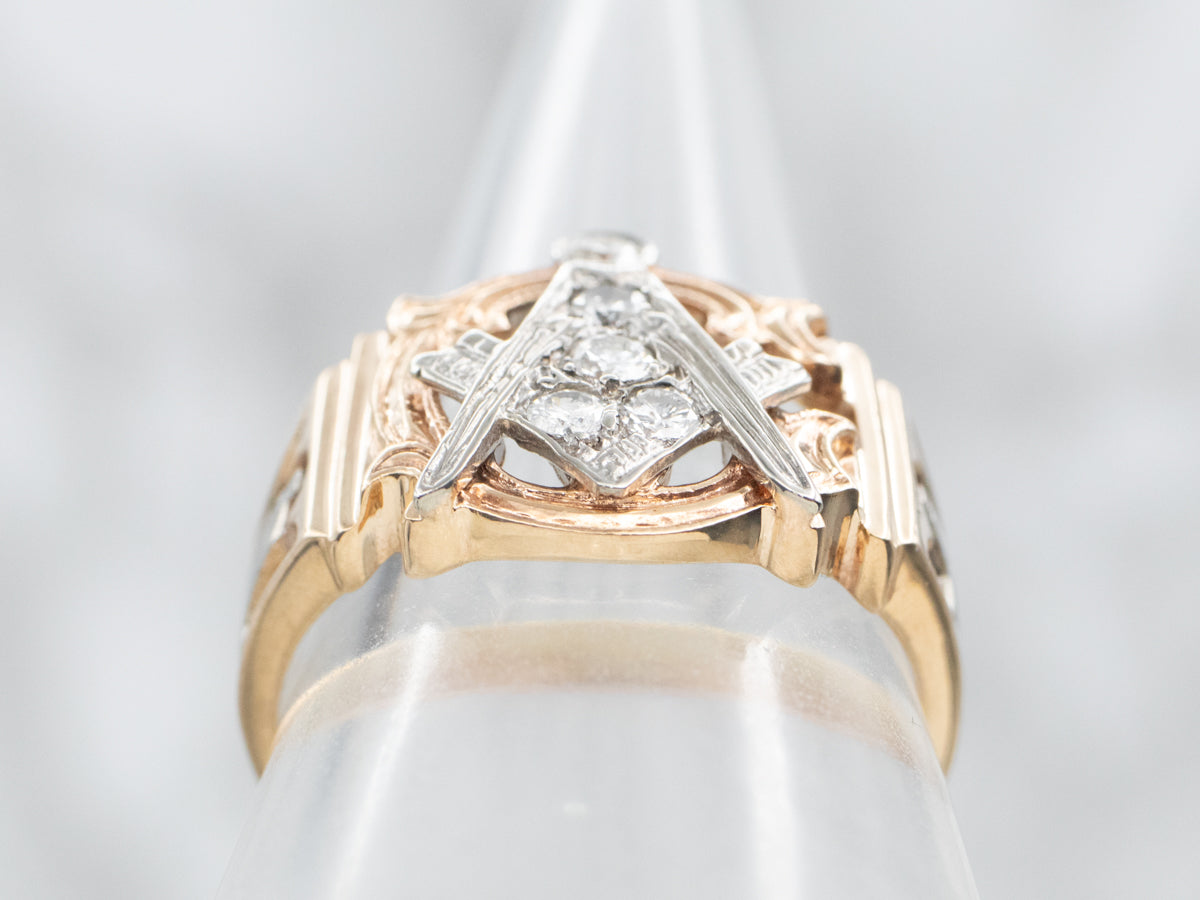 Vintage Two Tone Gold Men's Masonic Diamond Ring