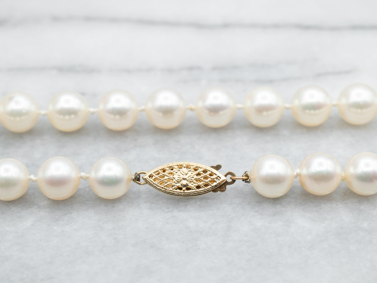 Long Saltwater Pearl Necklace with Filigree Clasp