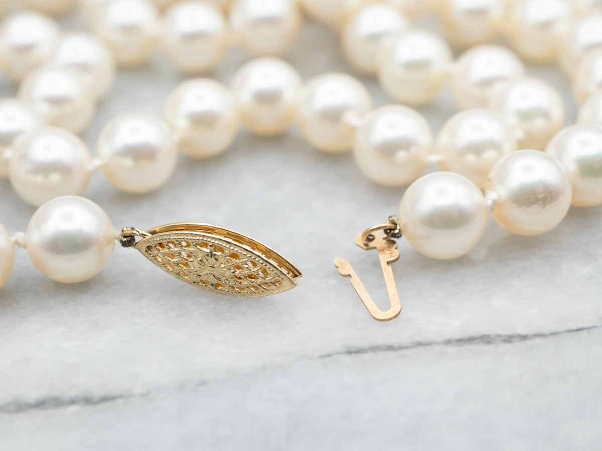 Long Saltwater Pearl Necklace with Filigree Clasp