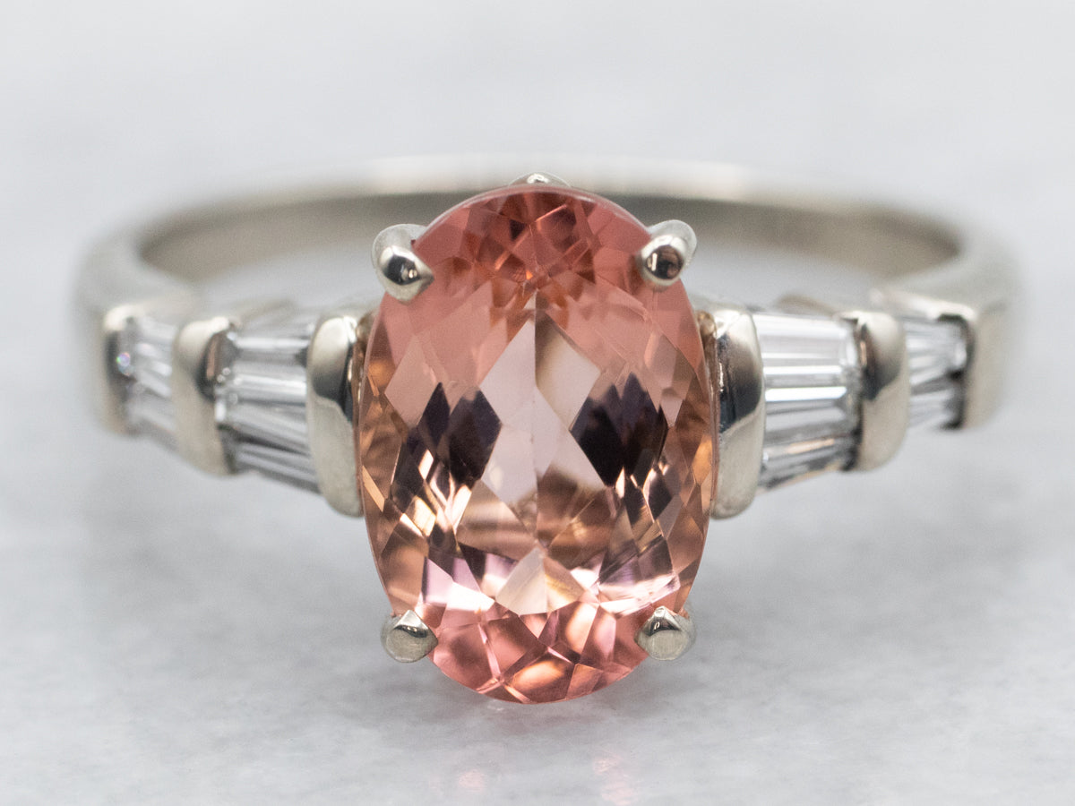 White Gold Peach Pink Tourmaline Diamond Ring