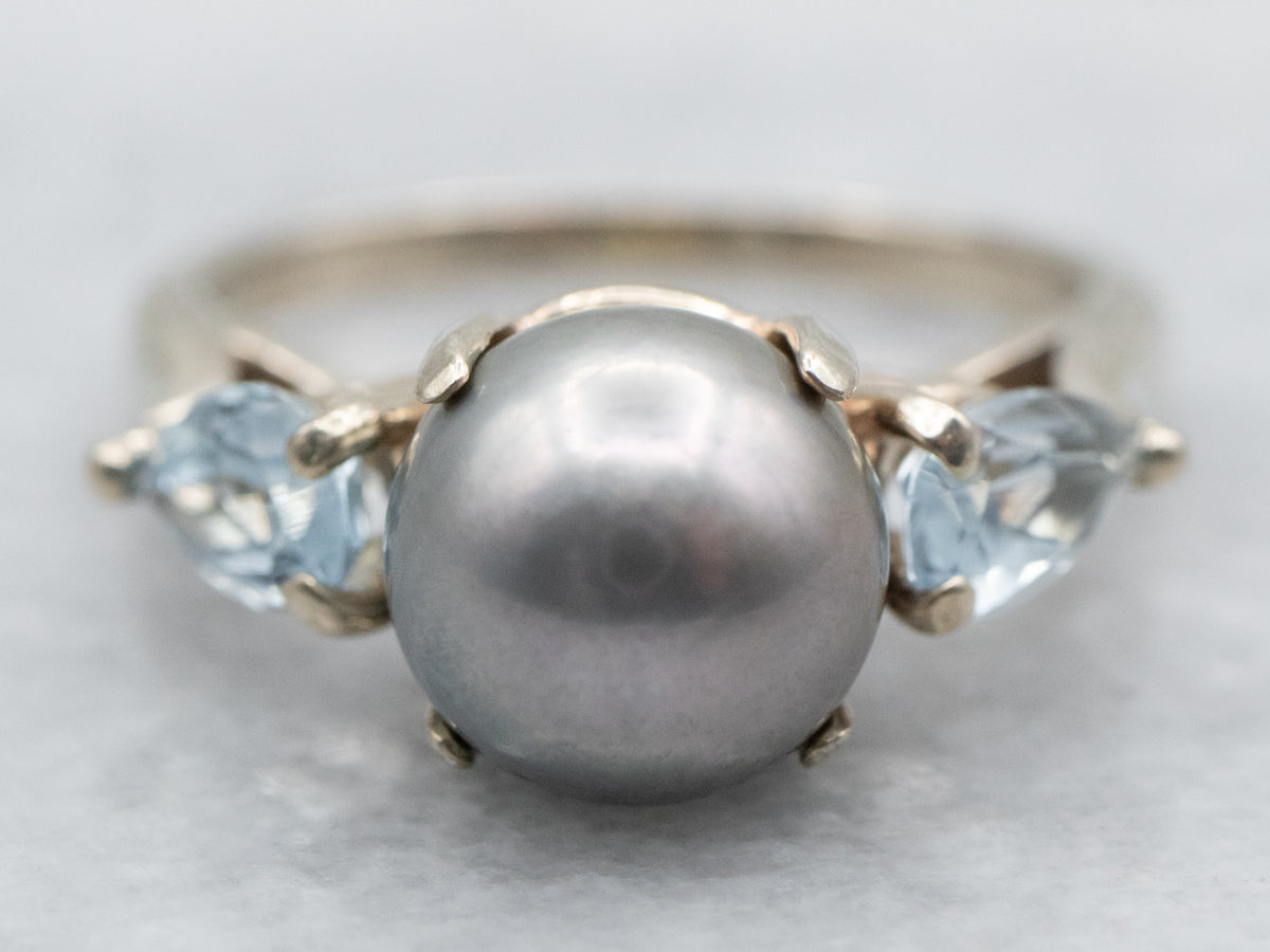 Grey Saltwater Pearl Ring with Pear Cut Aquamarine Accents