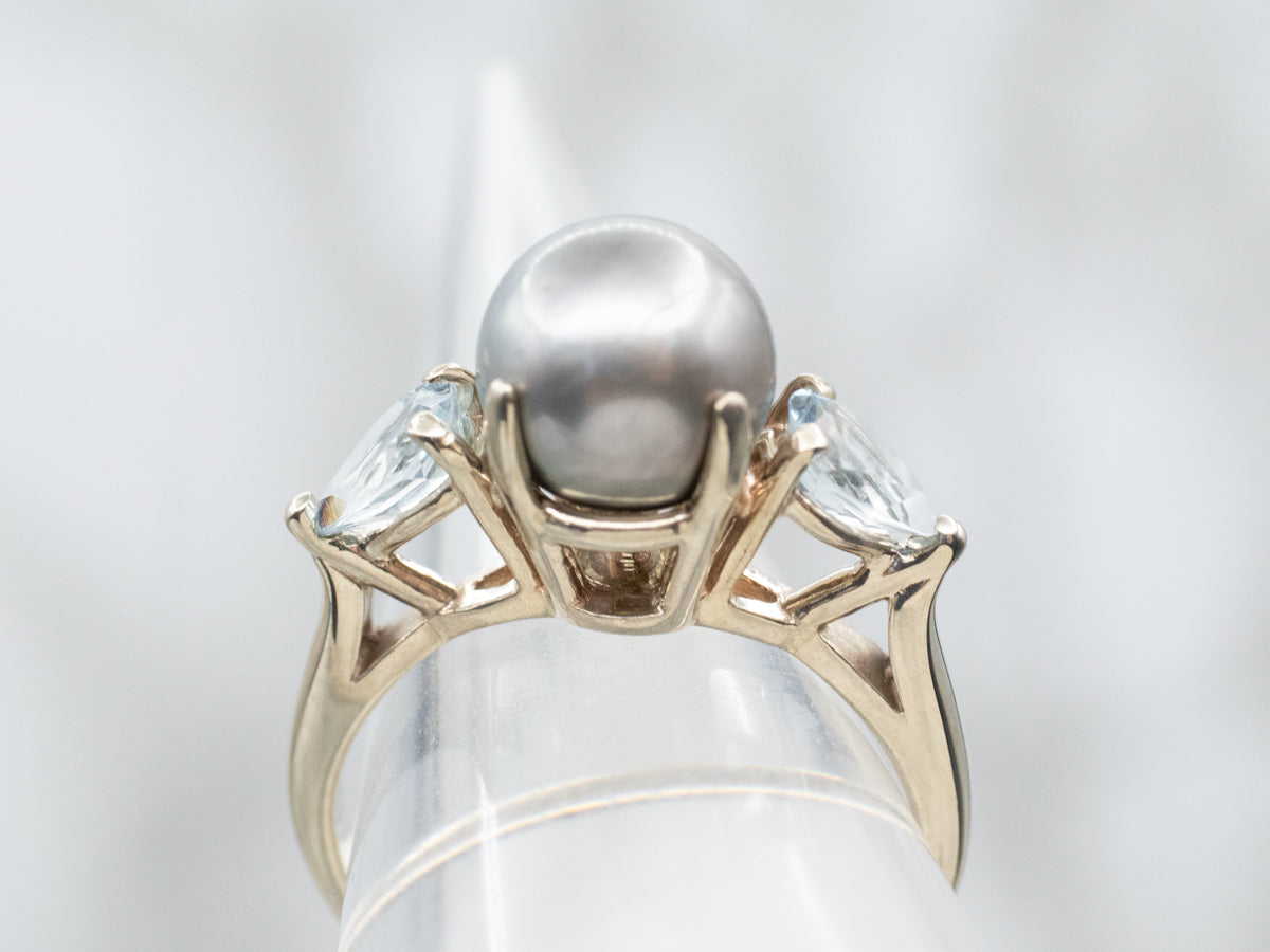 Grey Saltwater Pearl Ring with Pear Cut Aquamarine Accents