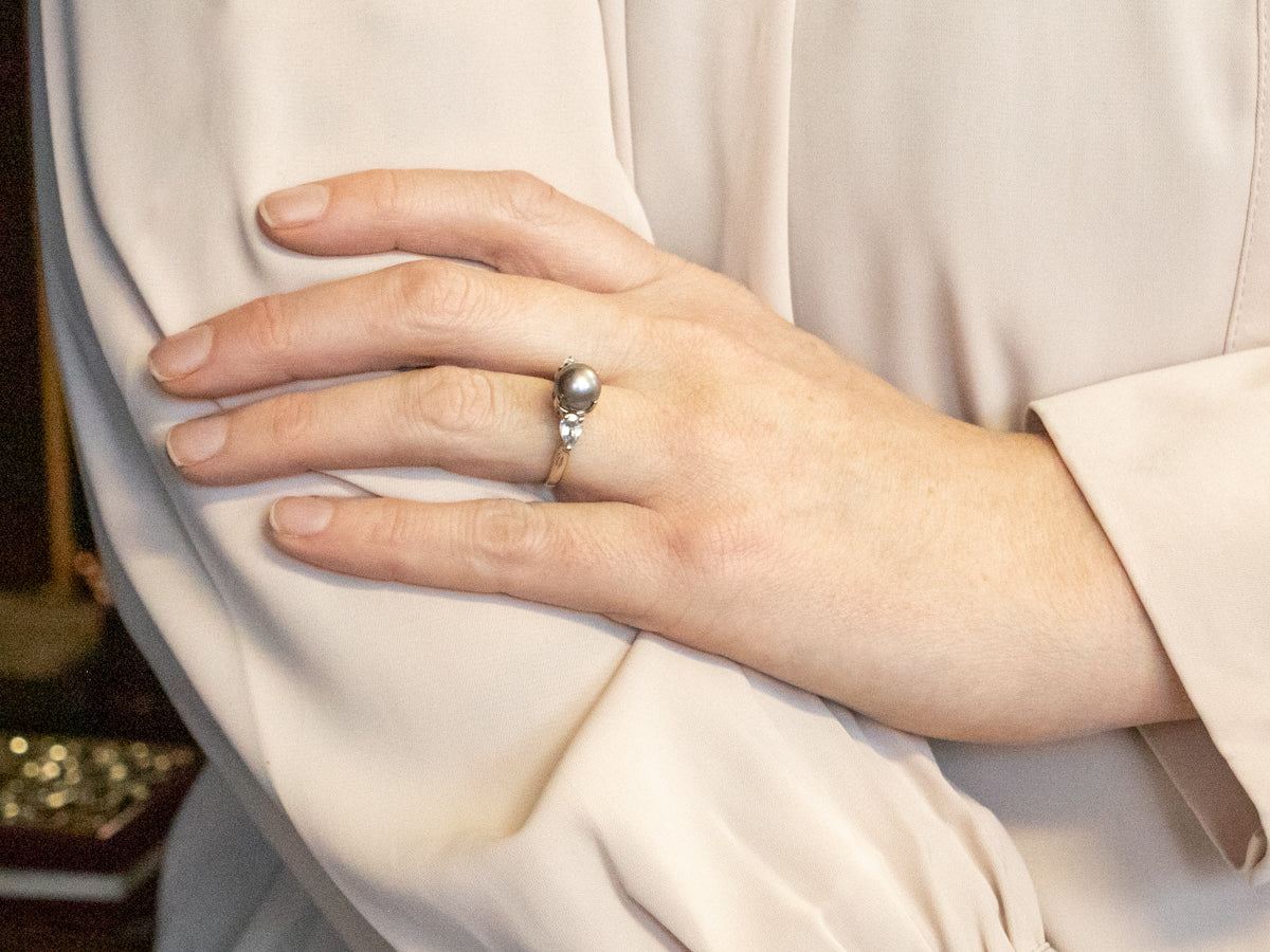 Grey Saltwater Pearl Ring with Pear Cut Aquamarine Accents