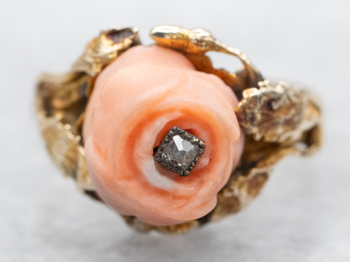 Sweet Carved Coral Rose Ring with Old Mine Cut Diamond