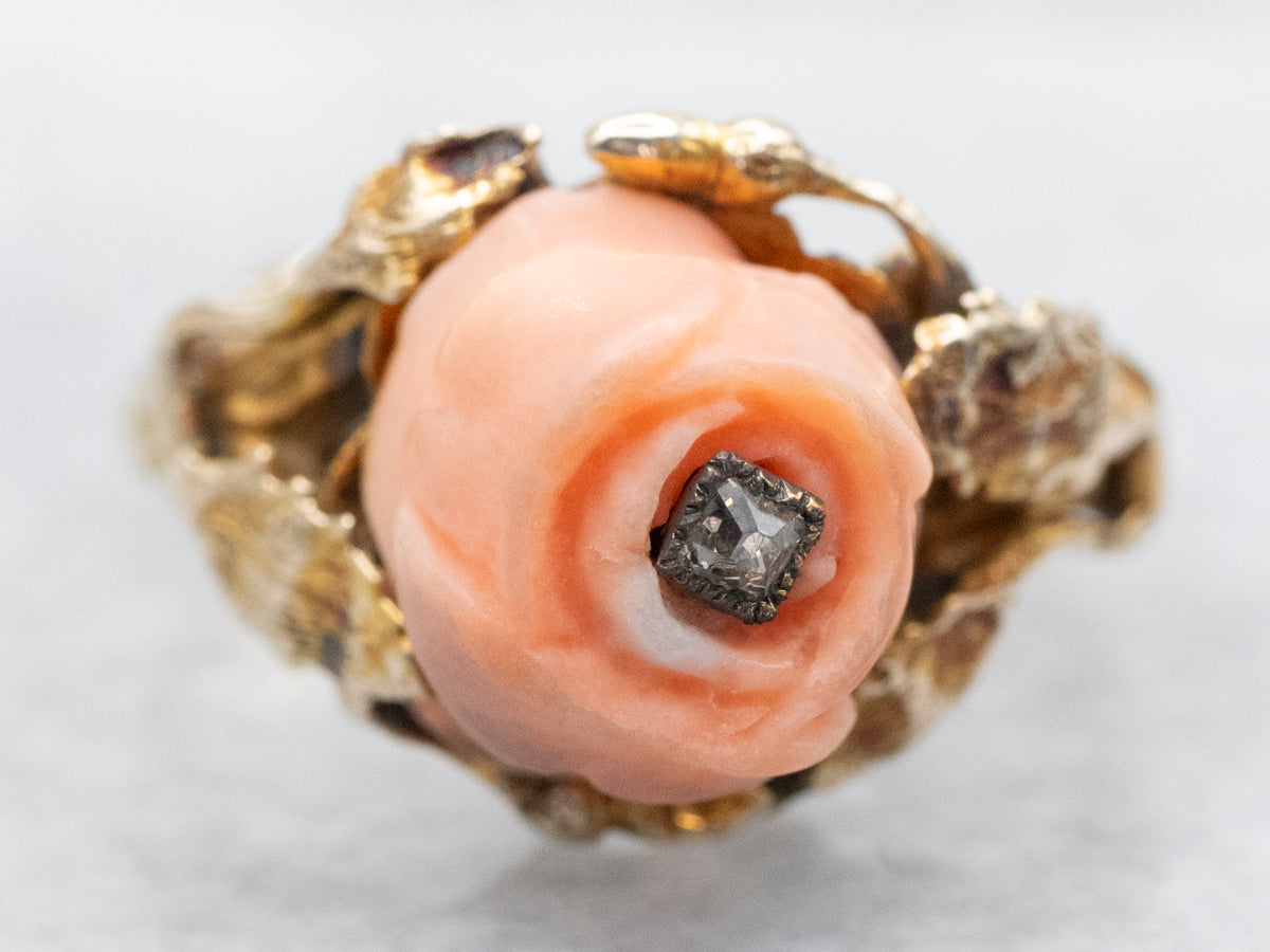 Sweet Carved Coral Rose Ring with Old Mine Cut Diamond