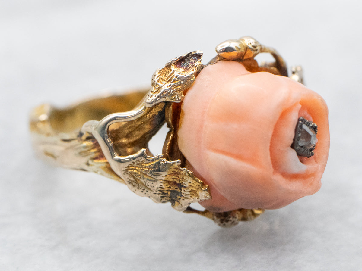 Sweet Carved Coral Rose Ring with Old Mine Cut Diamond