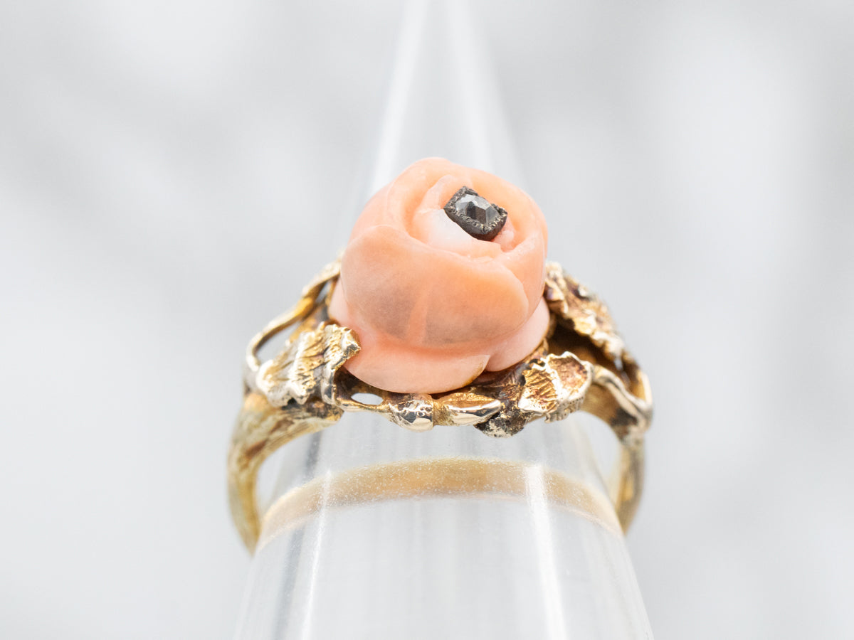 Sweet Carved Coral Rose Ring with Old Mine Cut Diamond