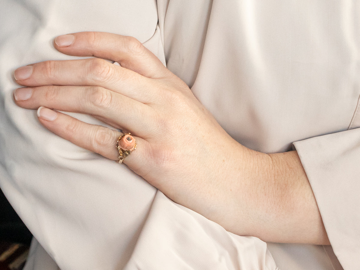 Sweet Carved Coral Rose Ring with Old Mine Cut Diamond