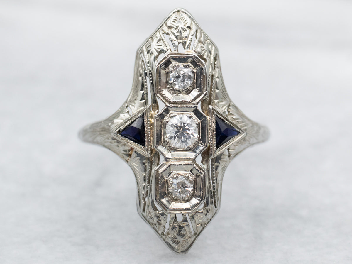 Art Deco European Cut Diamond Dinner Ring with Sapphire Accents