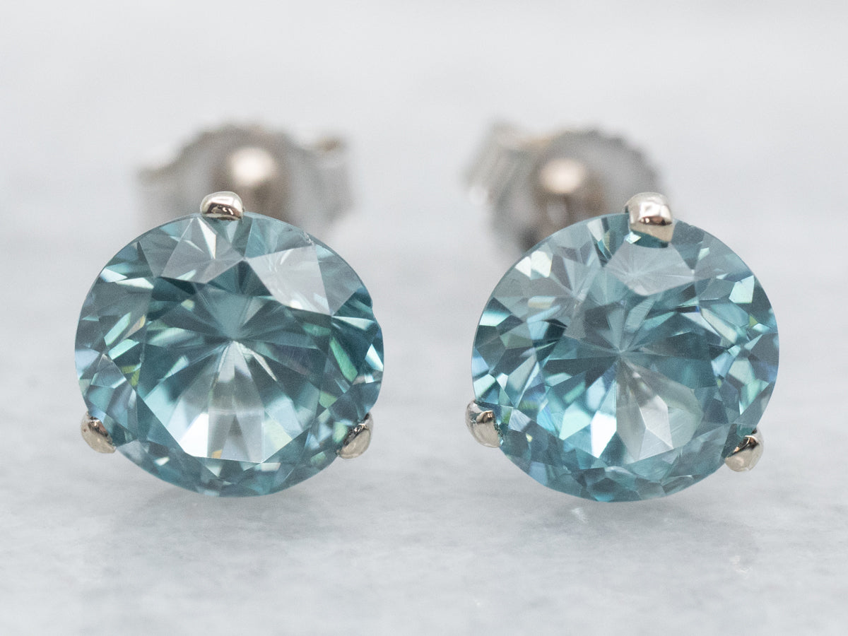 Round Cut Blue Zircon Stud Earrings