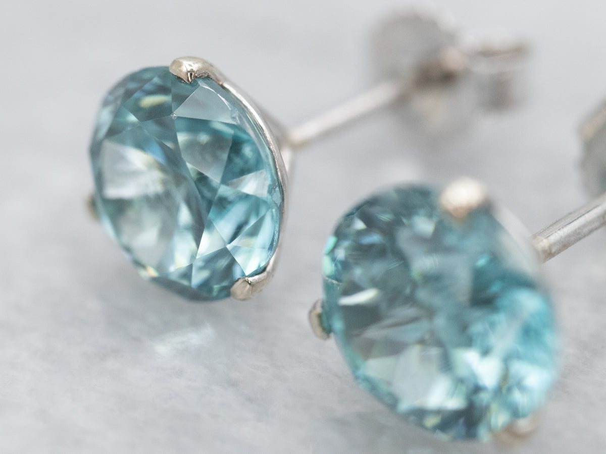 Round Cut Blue Zircon Stud Earrings