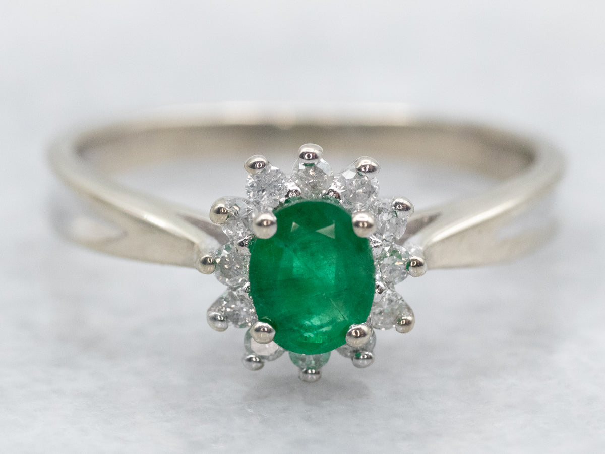 Modern Emerald and Diamond Halo Ring