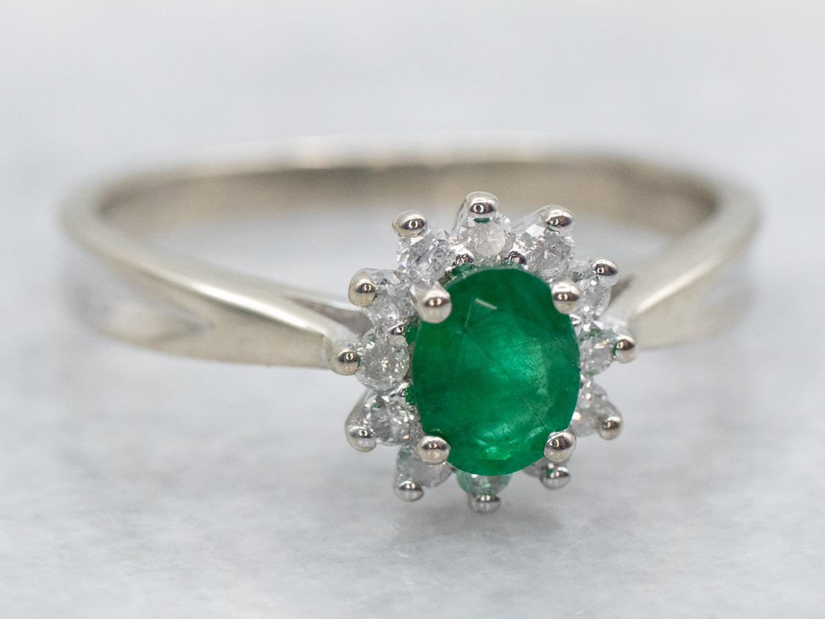 Modern Emerald and Diamond Halo Ring