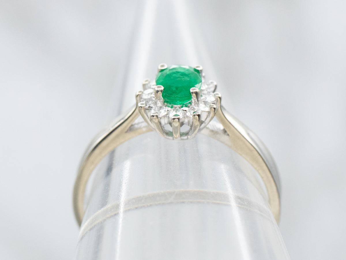 Modern Emerald and Diamond Halo Ring