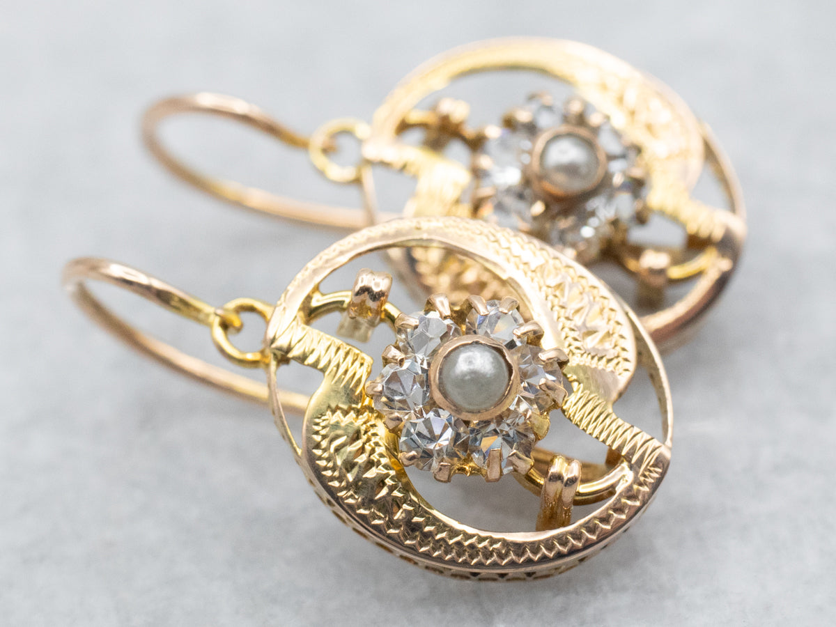 Antique Gold Seed Pearl and Glass Drop Earrings