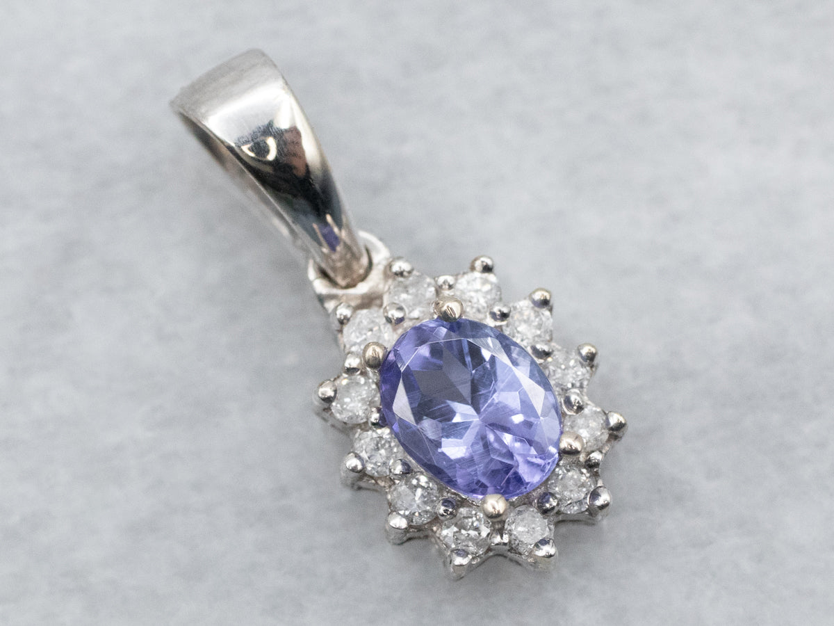 White Gold Tanzanite Pendant with Diamond Halo