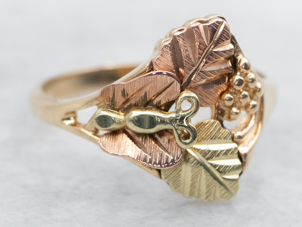 Vintage Black Hills Gold Butterfly and Leaf Ring