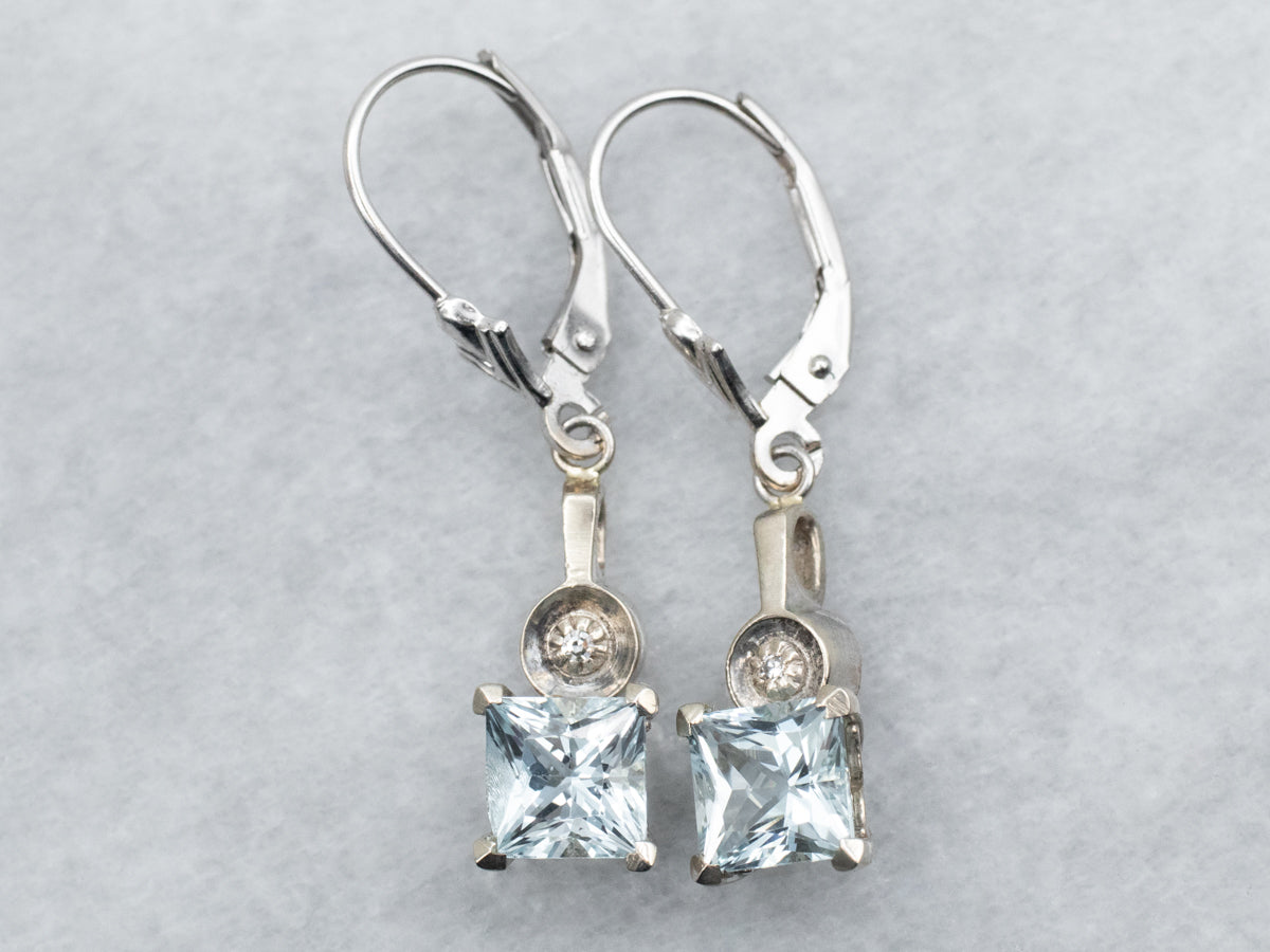 Princess Cut Aquamarine Drop Earrings with Diamond Accents