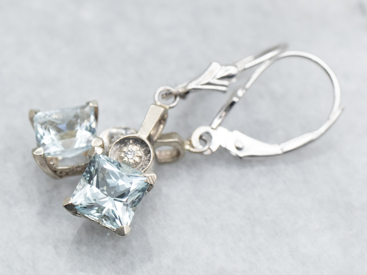 Princess Cut Aquamarine Drop Earrings with Diamond Accents