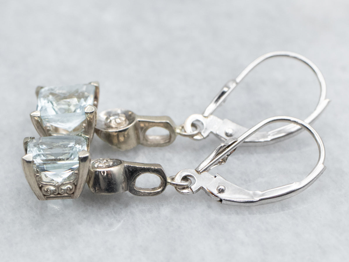 Princess Cut Aquamarine Drop Earrings with Diamond Accents