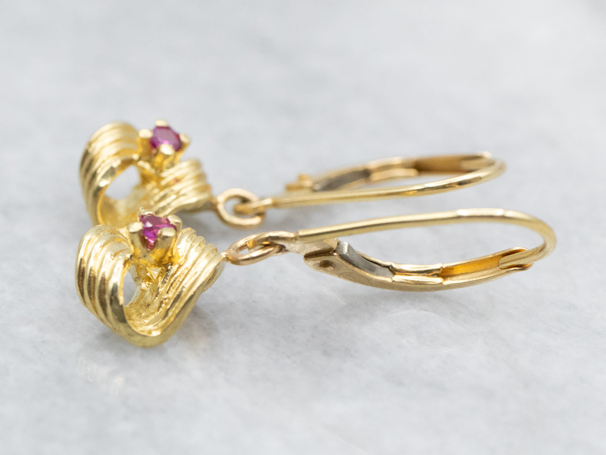 Gold Ruby Twist Drop Earrings