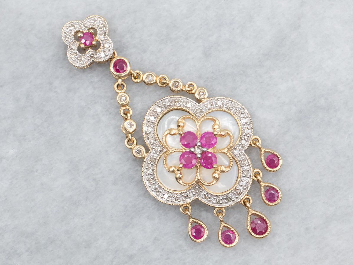 Floral Gold Diamond, Ruby, and Mother of Pearl Pendant