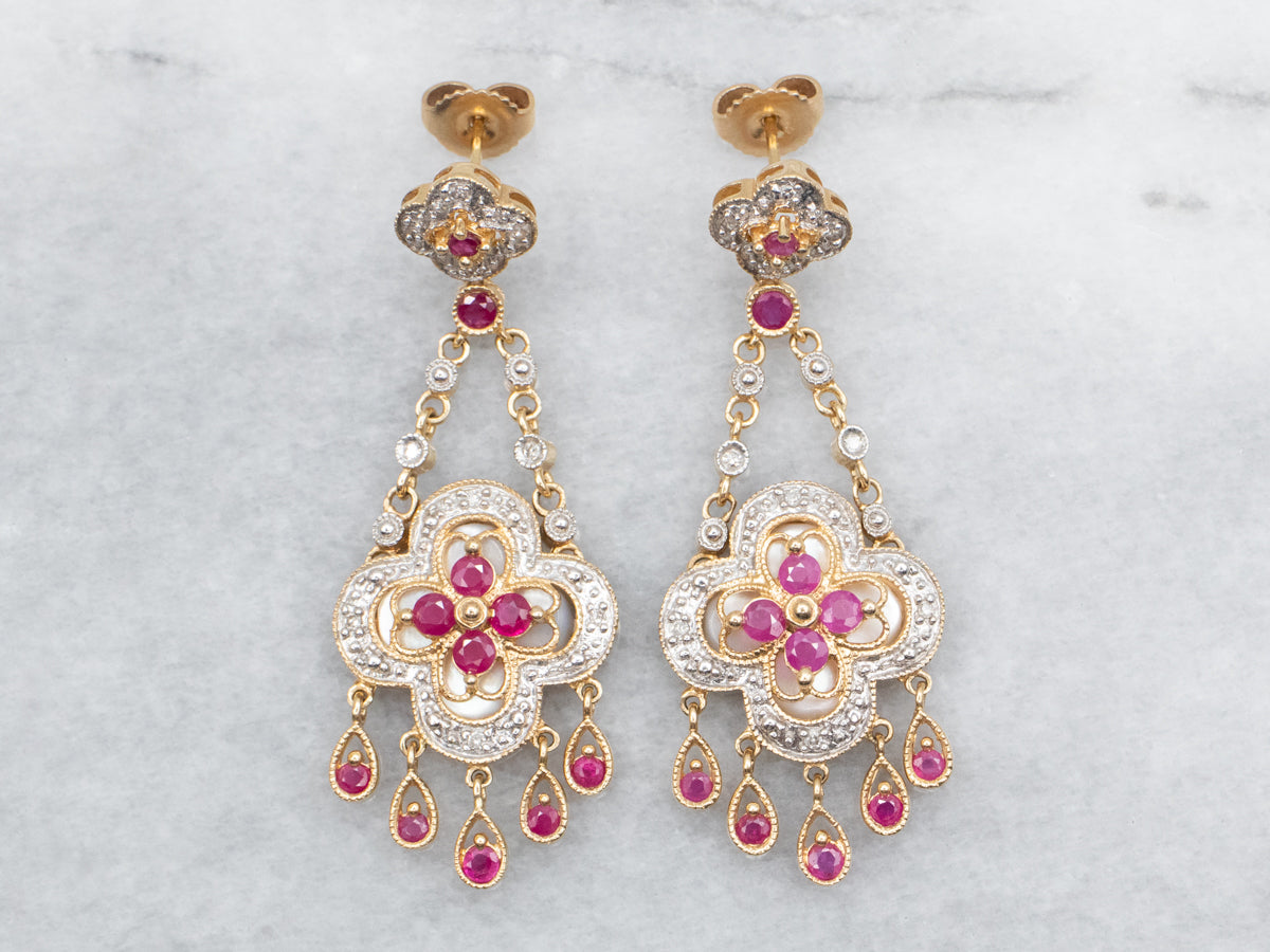 Floral Gold Diamond, Ruby, and Mother of Pearl Drop Earrings