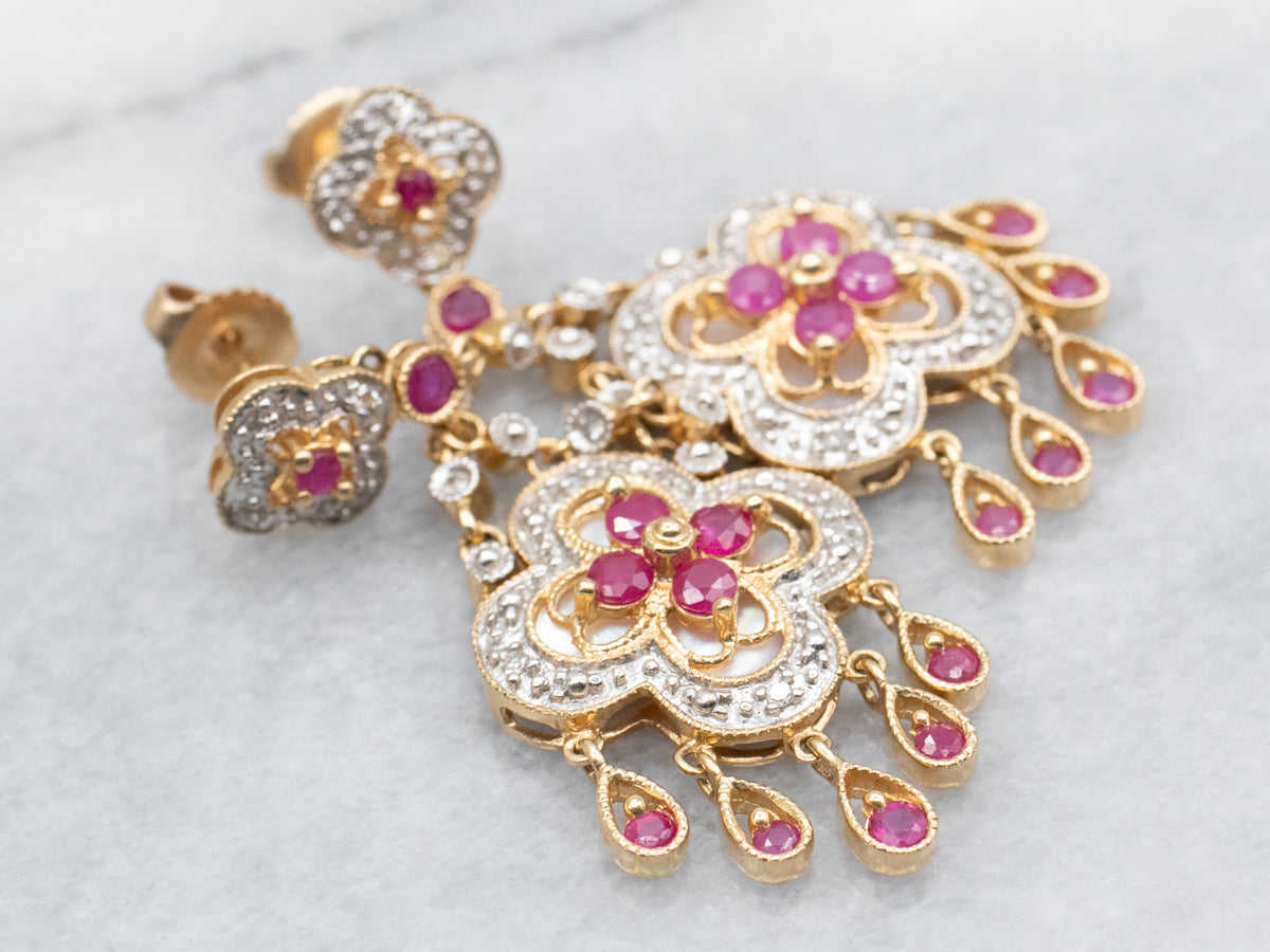 Floral Gold Diamond, Ruby, and Mother of Pearl Drop Earrings