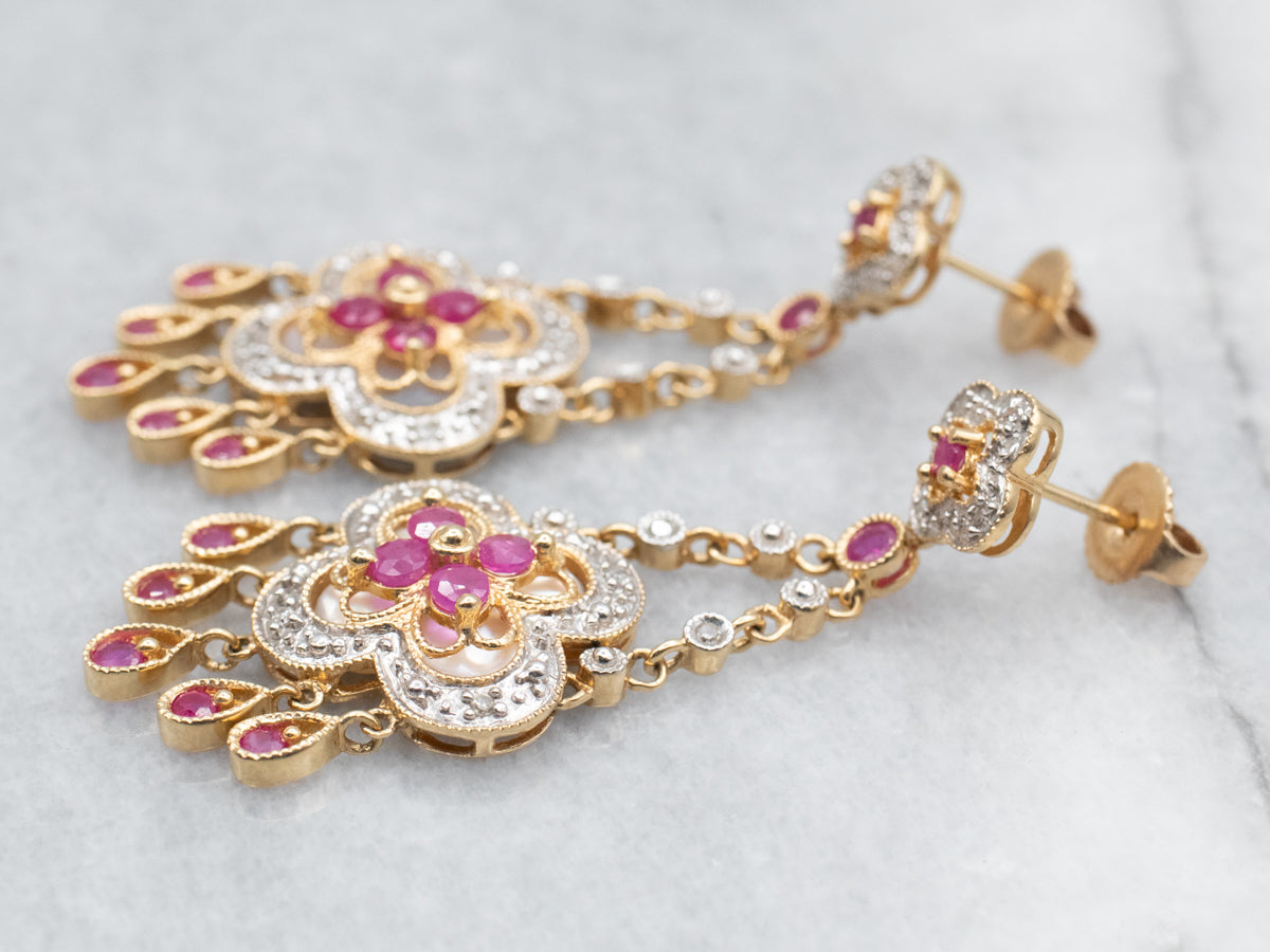 Floral Gold Diamond, Ruby, and Mother of Pearl Drop Earrings