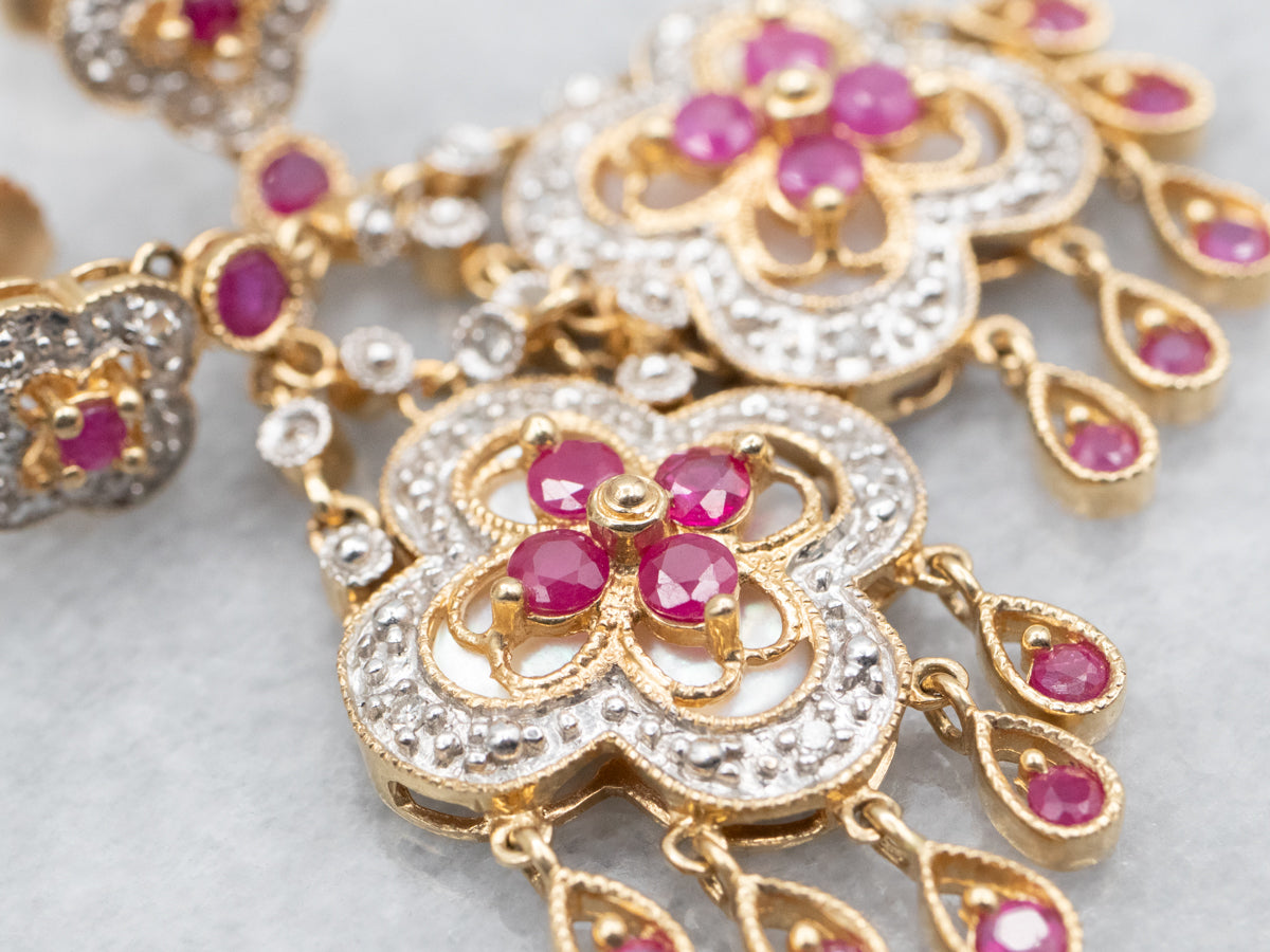 Floral Gold Diamond, Ruby, and Mother of Pearl Drop Earrings