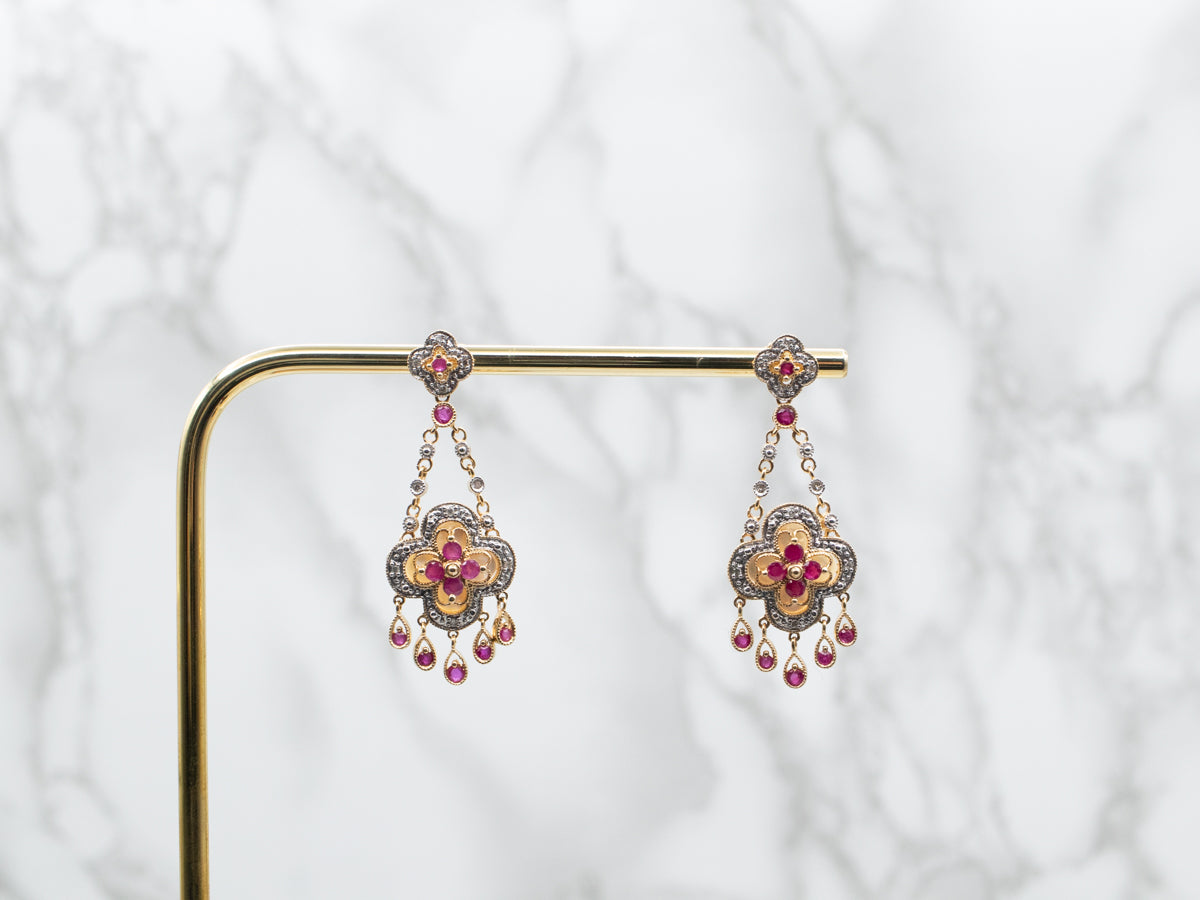 Floral Gold Diamond, Ruby, and Mother of Pearl Drop Earrings