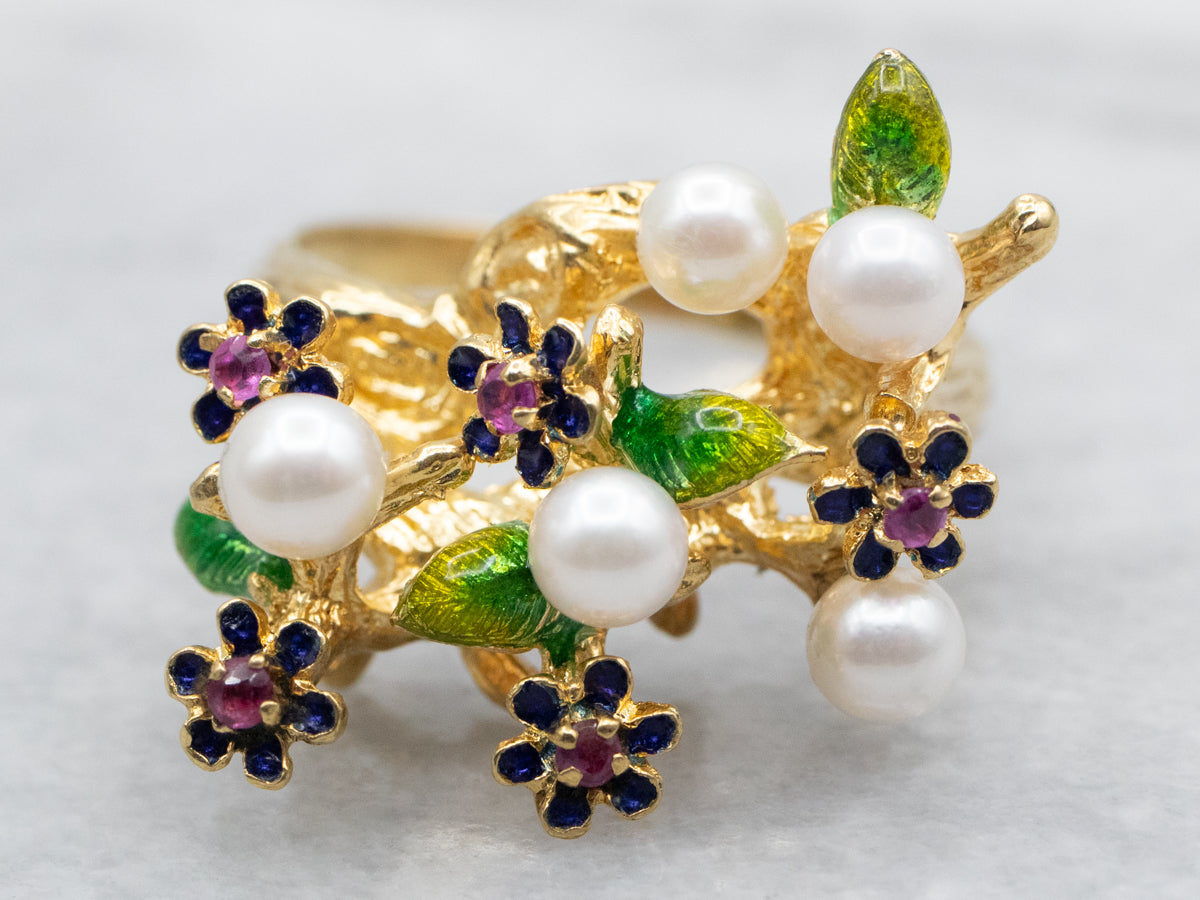 Enamel Ruby and Saltwater Pearl Bouquet Ring