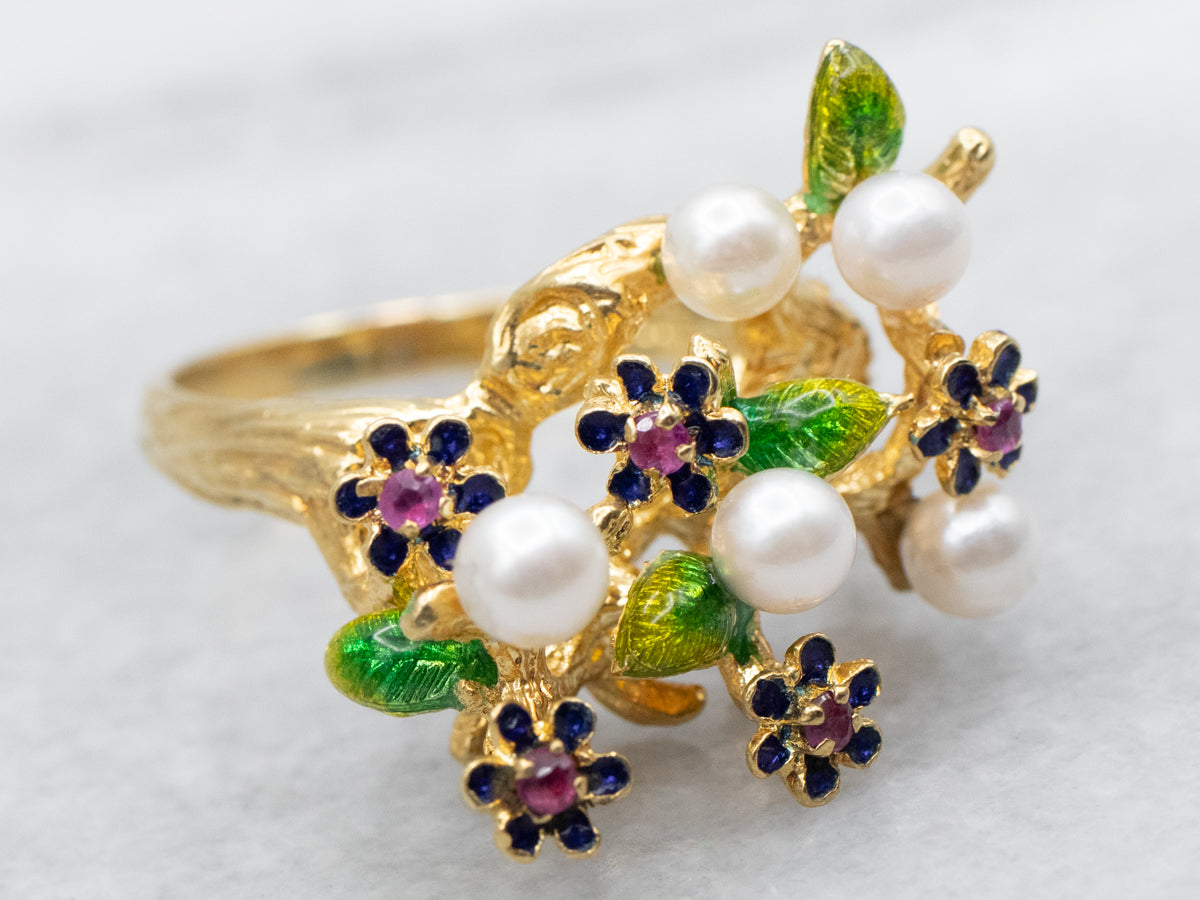 Enamel Ruby and Saltwater Pearl Bouquet Ring