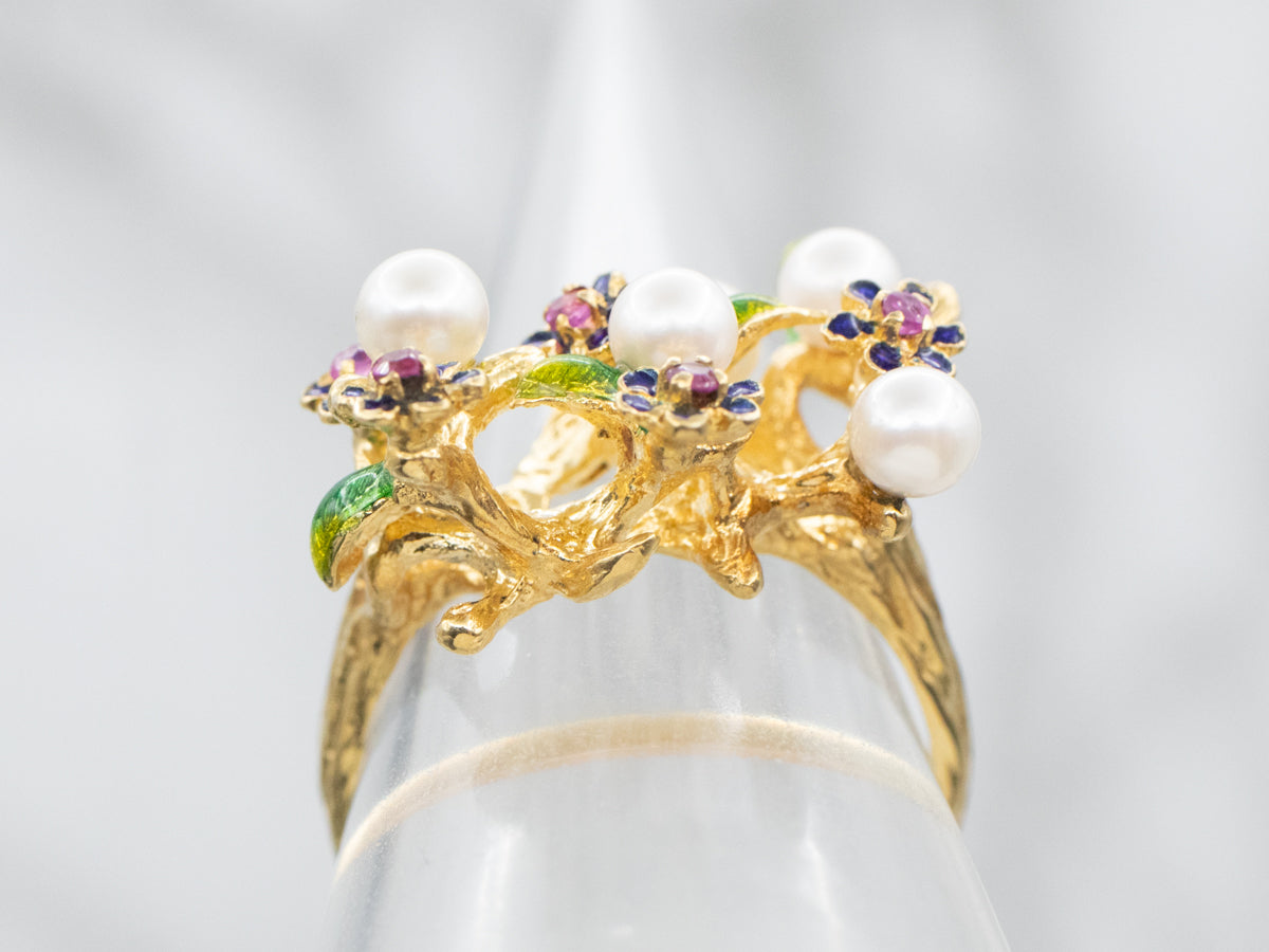 Enamel Ruby and Saltwater Pearl Bouquet Ring