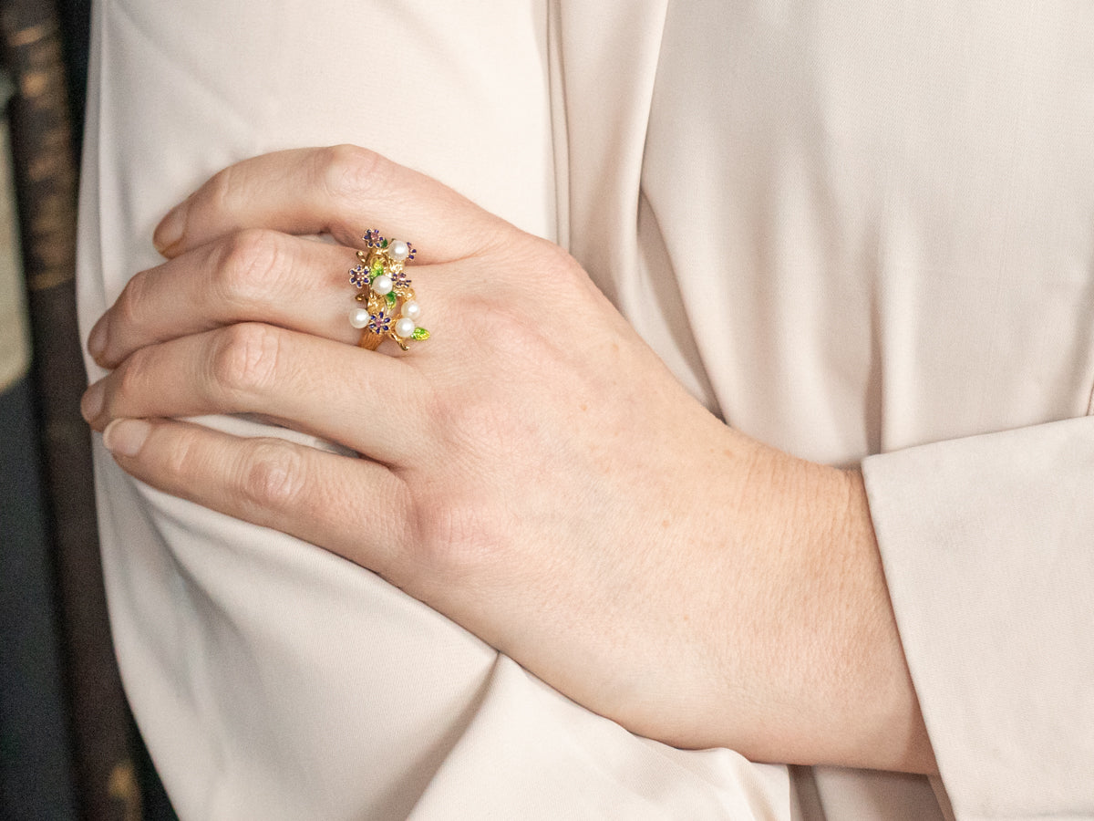 Enamel Ruby and Saltwater Pearl Bouquet Ring