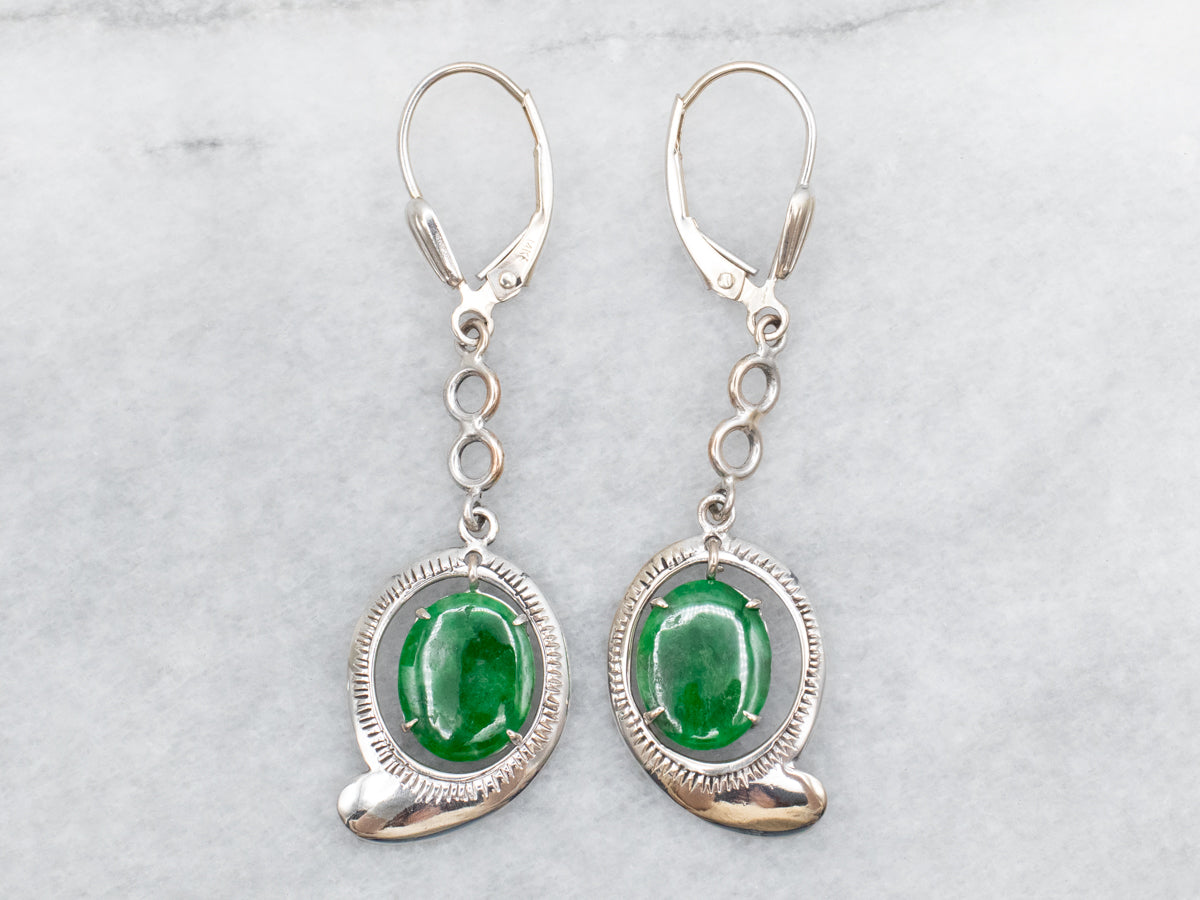 White Gold Oval Cut Jadeite Drop Earrings