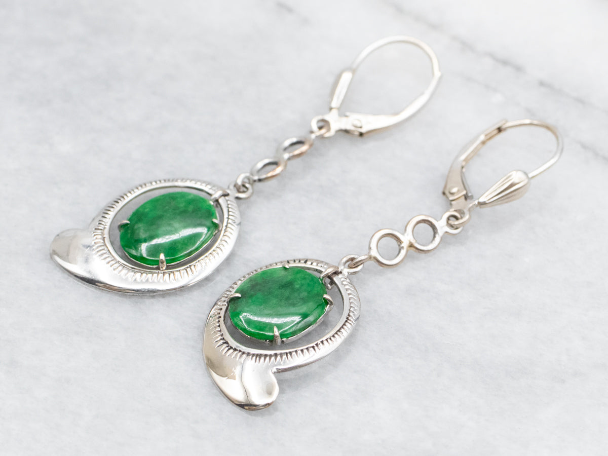 White Gold Oval Cut Jadeite Drop Earrings