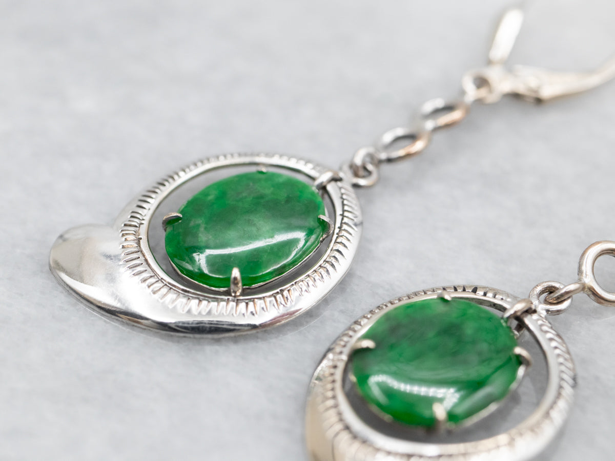 White Gold Oval Cut Jadeite Drop Earrings