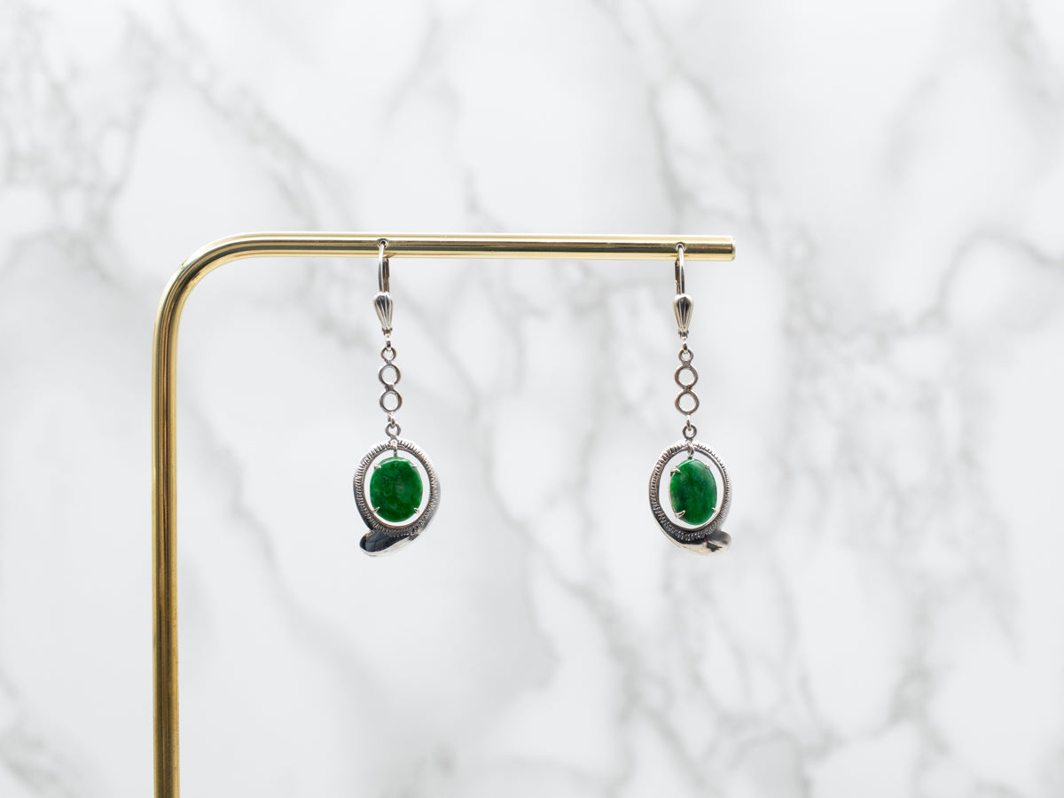 White Gold Oval Cut Jadeite Drop Earrings