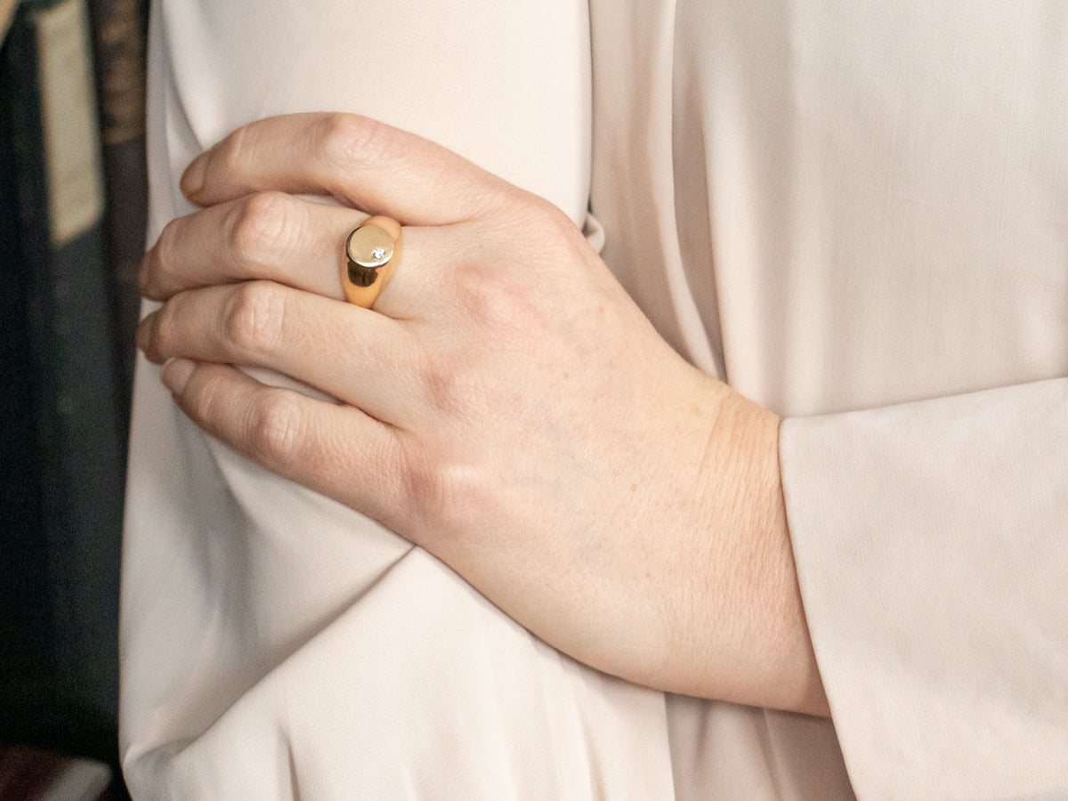 Polished Gold Diamond Signet Ring