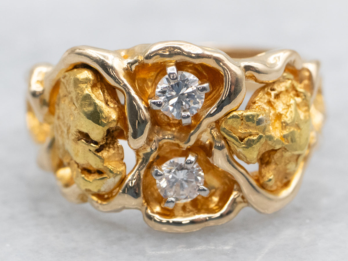 High Karat Gold Nugget and Diamond Ring