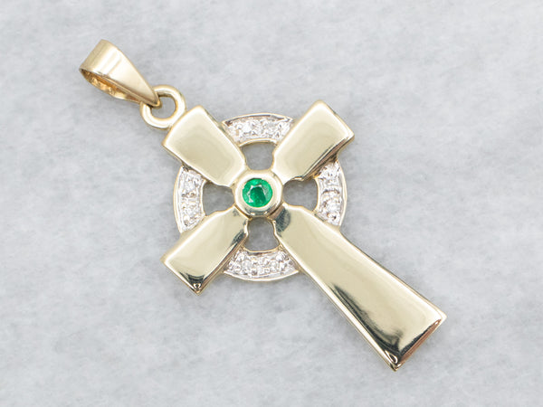 Solvar Jewelry Gold Diamond and Emerald Cross 0.875in Gold