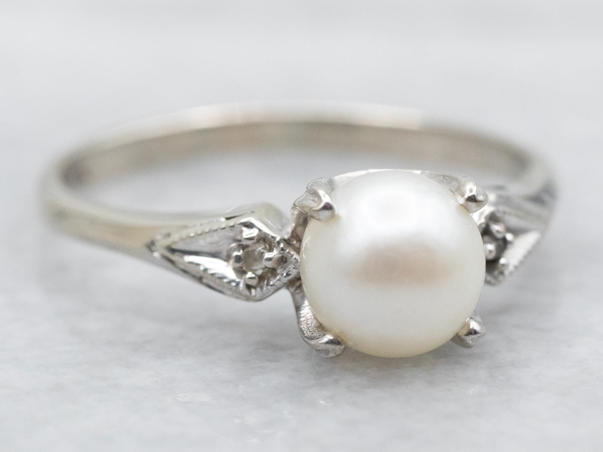 Vintage White Pearl and Diamond Ring