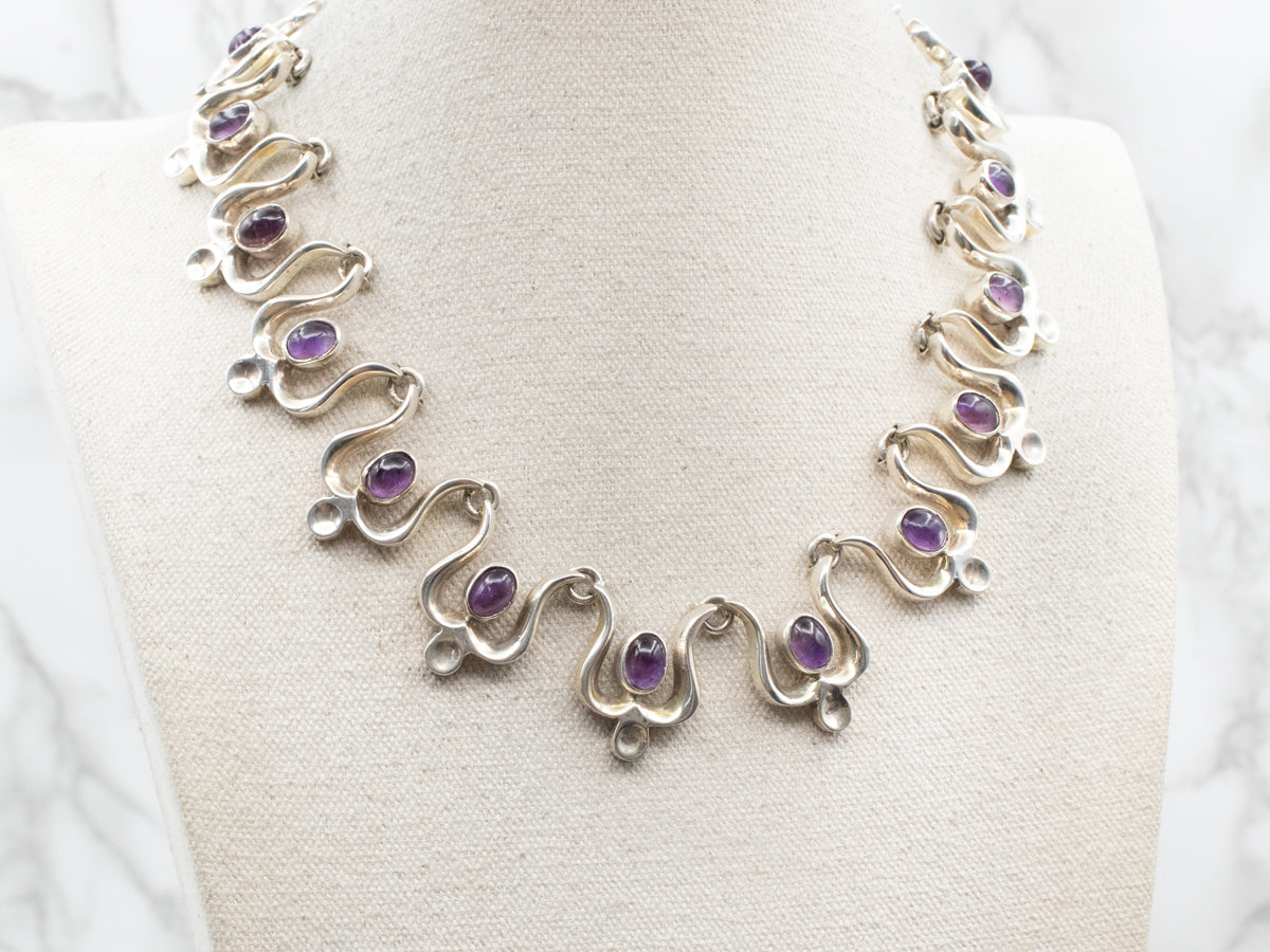 Sterling Silver Bold Amethyst Tulip-Link Collar Necklace