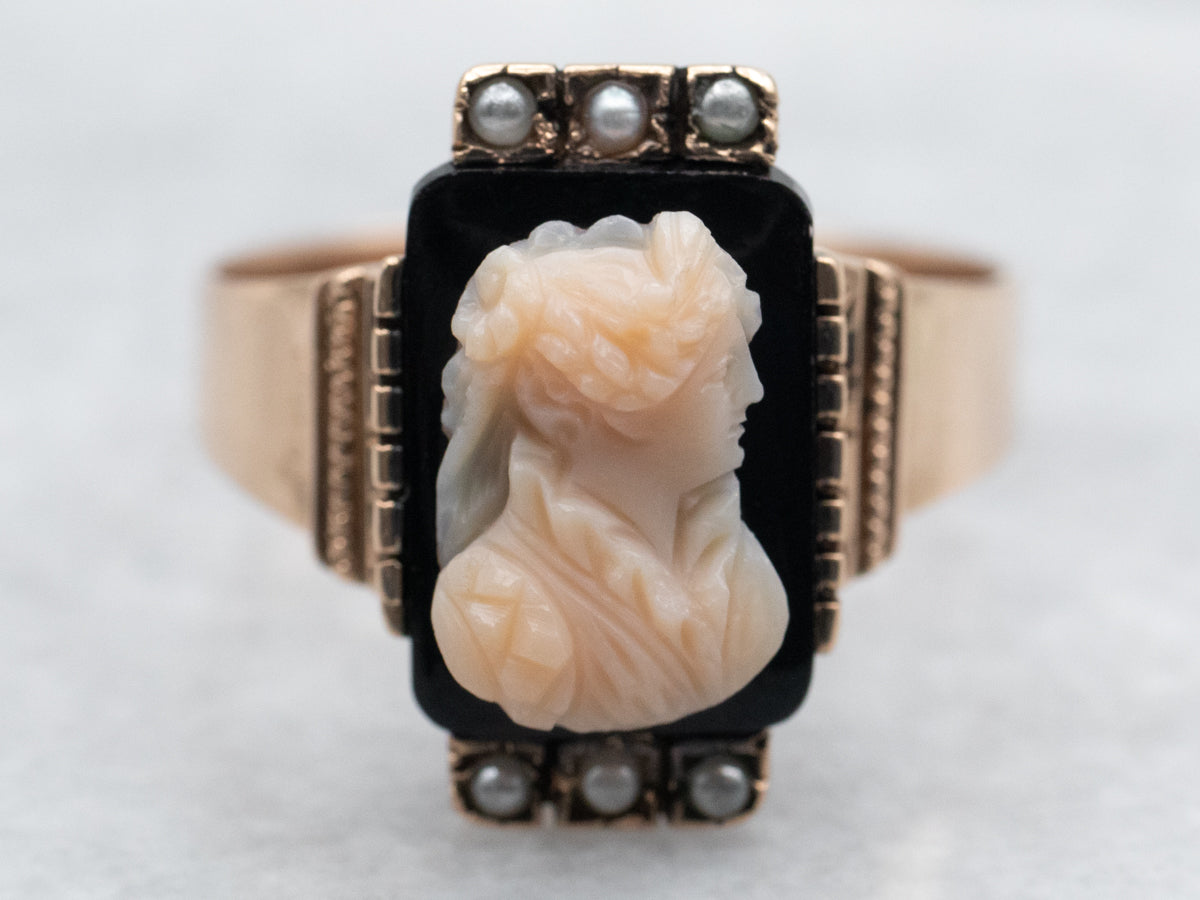 Rose Gold Black Onyx Cameo and Seed Pearl Ring