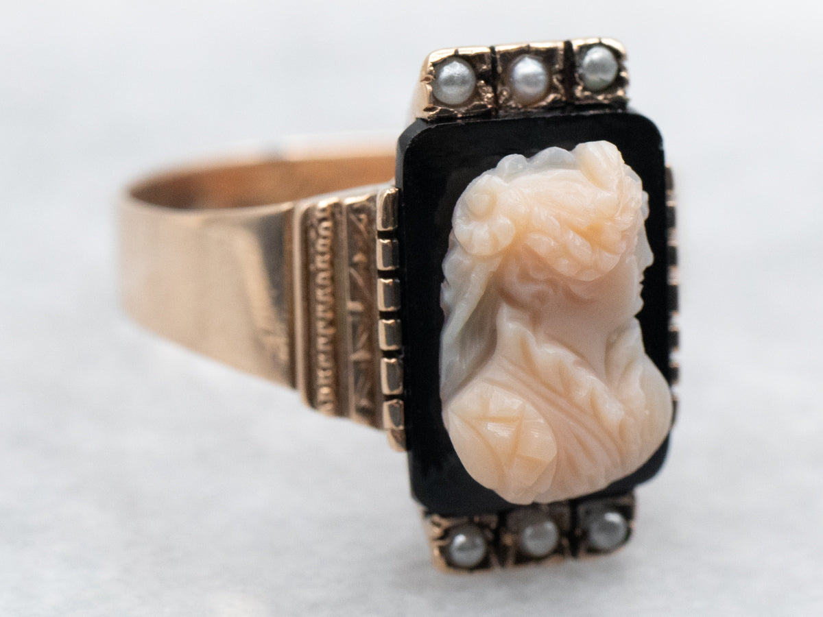 Rose Gold Black Onyx Cameo and Seed Pearl Ring