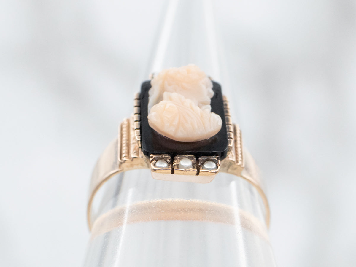 Rose Gold Black Onyx Cameo and Seed Pearl Ring