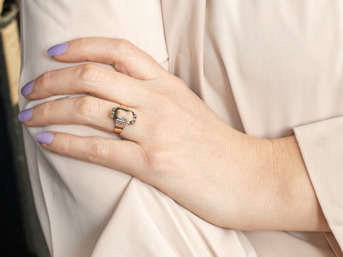 Rose Gold Black Onyx Cameo and Seed Pearl Ring